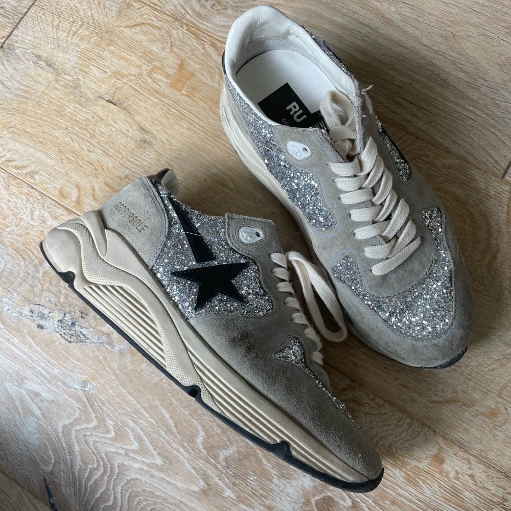 Golden Goose Silver Glitter and Black Star Sneakers